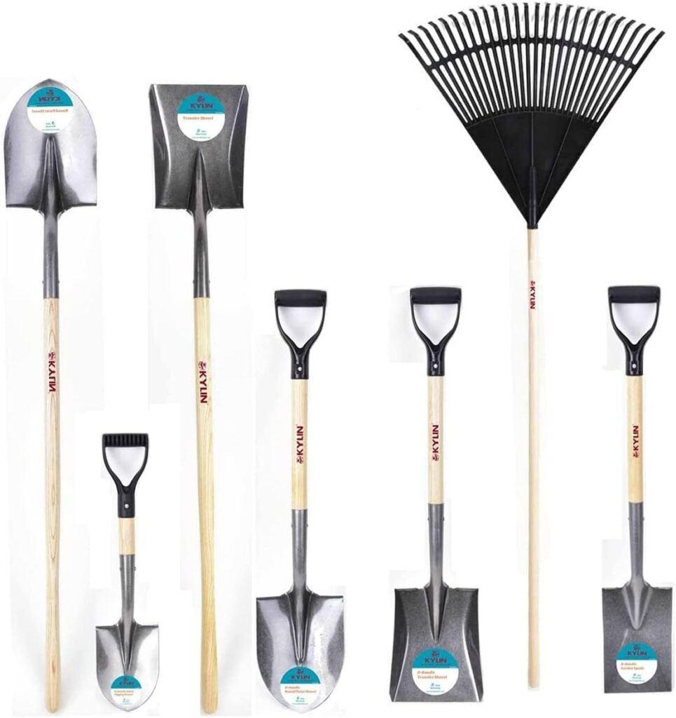 7-Piece Assorted Shovels and Poly Rake Ailanthus Wood Handle Essential Long Handle Lawn and Garden Tool Set