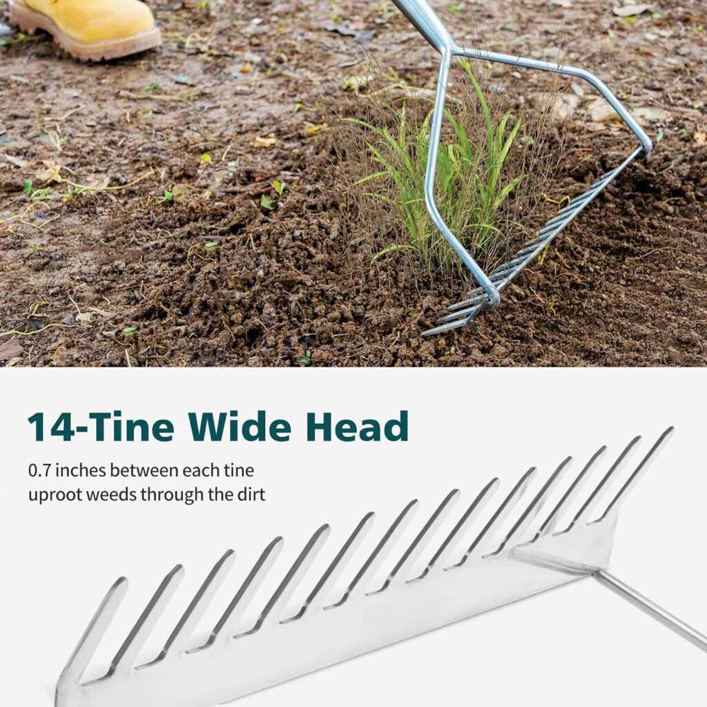 BerryBird 14 Tines Bow Rake for Gardening, 63-inch Garden Rakes Heavy Duty with Wooden Long Handle Stainless Steel Hard Rake for Lawn Loosening Soil, Weeding, Cleaning Leaves  Grass Cultivator Tool