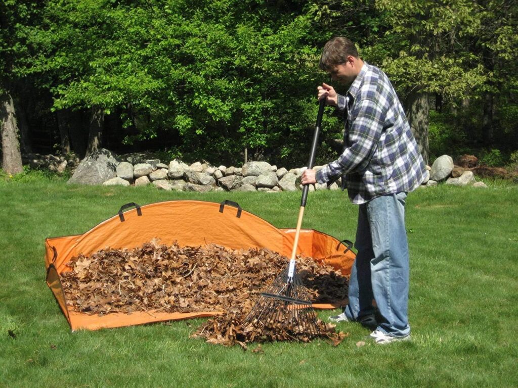 EZ Leaf Hauler Reusable Cleanup Tarp for Lawns and Gardens - Landscape and Yard Accessories, Rake Leaves and Debris, Easy To Use, Collapsible Design, Orange, (5’ X 7’)