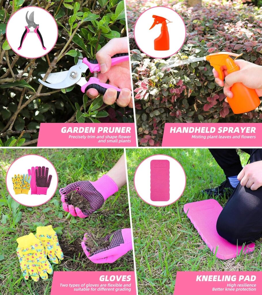 Garden Tool Sets for Women and Kids, Heavy Duty Aluminum Pink Gardening Tools Including Hand Trowel, Rake, Transplanting, Weeder, Pruner, Sprayer, Kneeling Pad, Gloves