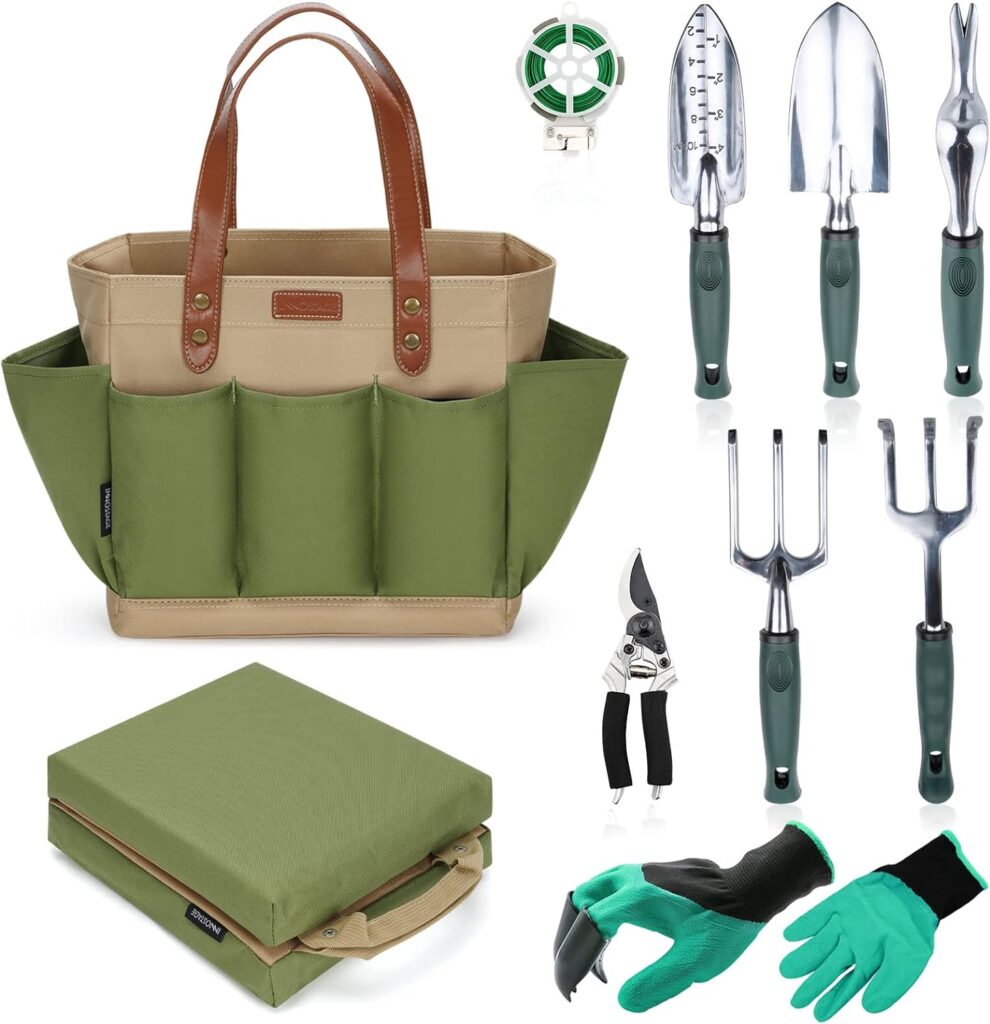 Garden Tool Tote Solid Bag with 11 Piece Hand Tools,Best Gardening Gift Set Organizer with Vegetable Garden Tool Kit,Free Kneeler Pad,Digging Claw Gloves and All Necessary Gardening Accessories