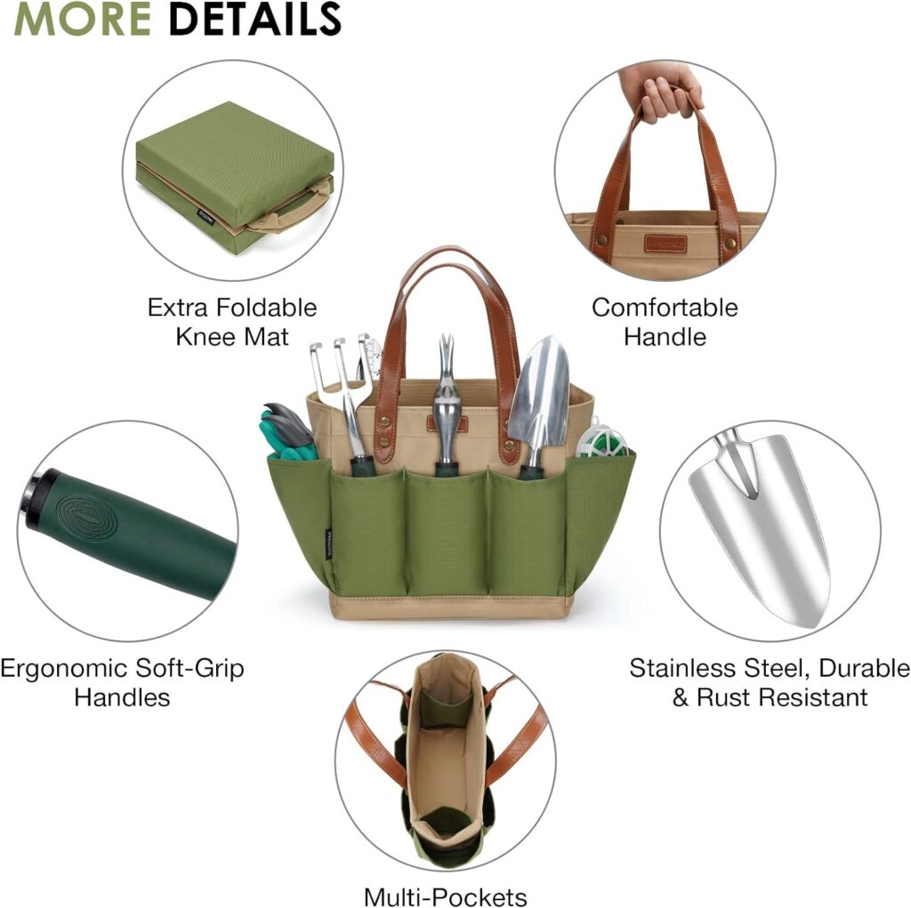 Garden Tool Tote Solid Bag with 11 Piece Hand Tools,Best Gardening Gift Set Organizer with Vegetable Garden Tool Kit,Free Kneeler Pad,Digging Claw Gloves and All Necessary Gardening Accessories