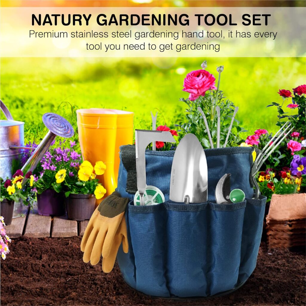 Natury Garden Tools Set – Premium Stainless Steel Gardening Hand Tools with Solid Beechwood Handle – Gardening Kit with Rake, Shovel, Gloves, Shears, Tool Organizer – Garden Gifts for Women and Men