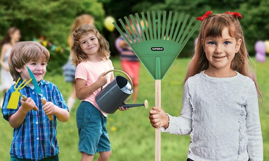 Pack of 2 Kids Rake with Hardwood Handle, Durable Plastic Head to Sweep Leaves in Lawn and Tidying Up The Garden, 34 (Green)
