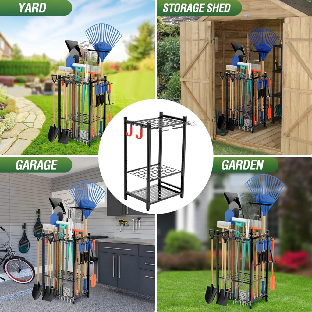 Sttoraboks Garden Tool Organizer with Storage Hooks, Yard Tool Tower Rack for Garage Organization and Storage, Up to 50 Tools, Heavy Duty Steel Garden Tool Stand for Garage, Outdoor, Home, Black