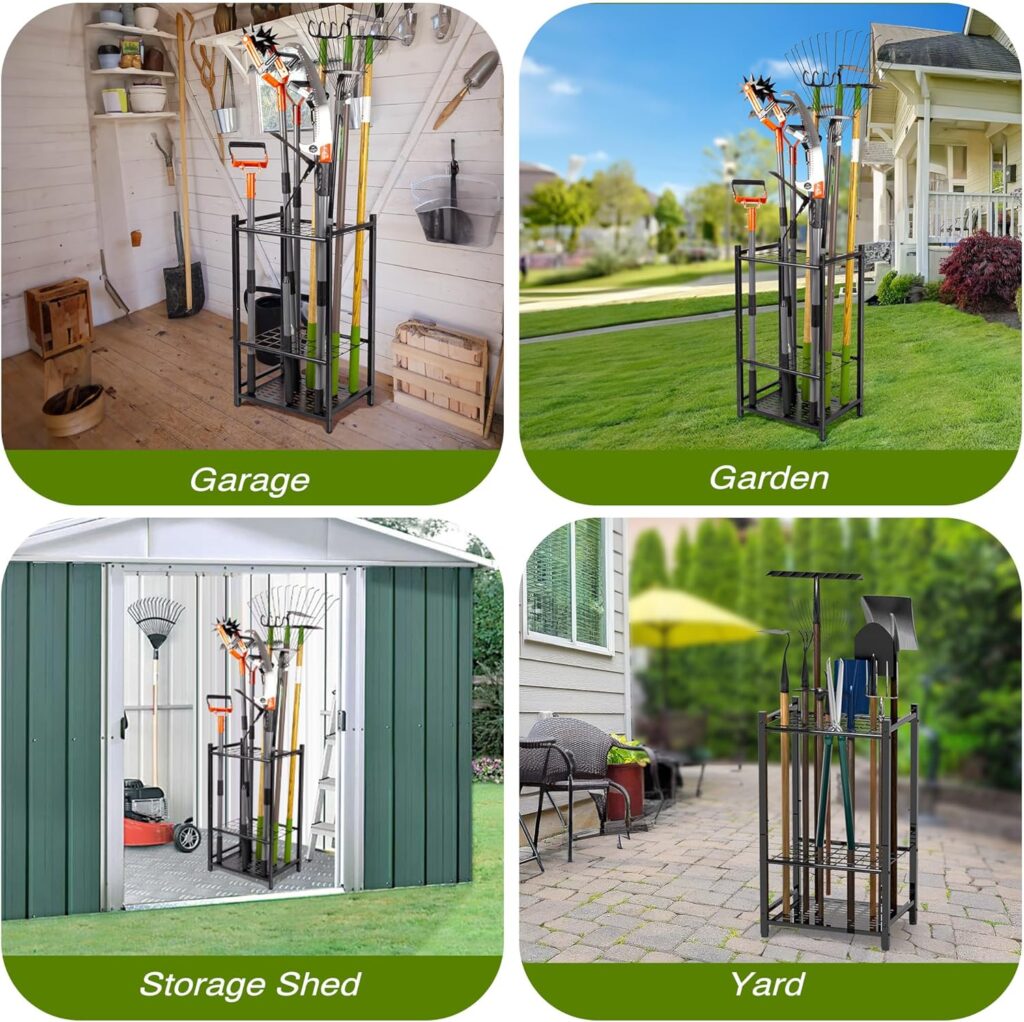 Sttoraboks Garden Tool Organizer, Yard Tool Tower Rack for Garage Organization and Storage, Up to 35 Long-Handled Tools/Rakes/Brooms, Heavy Duty Steel Garden Tool Stand for Shed, Outdoor, Home, Black