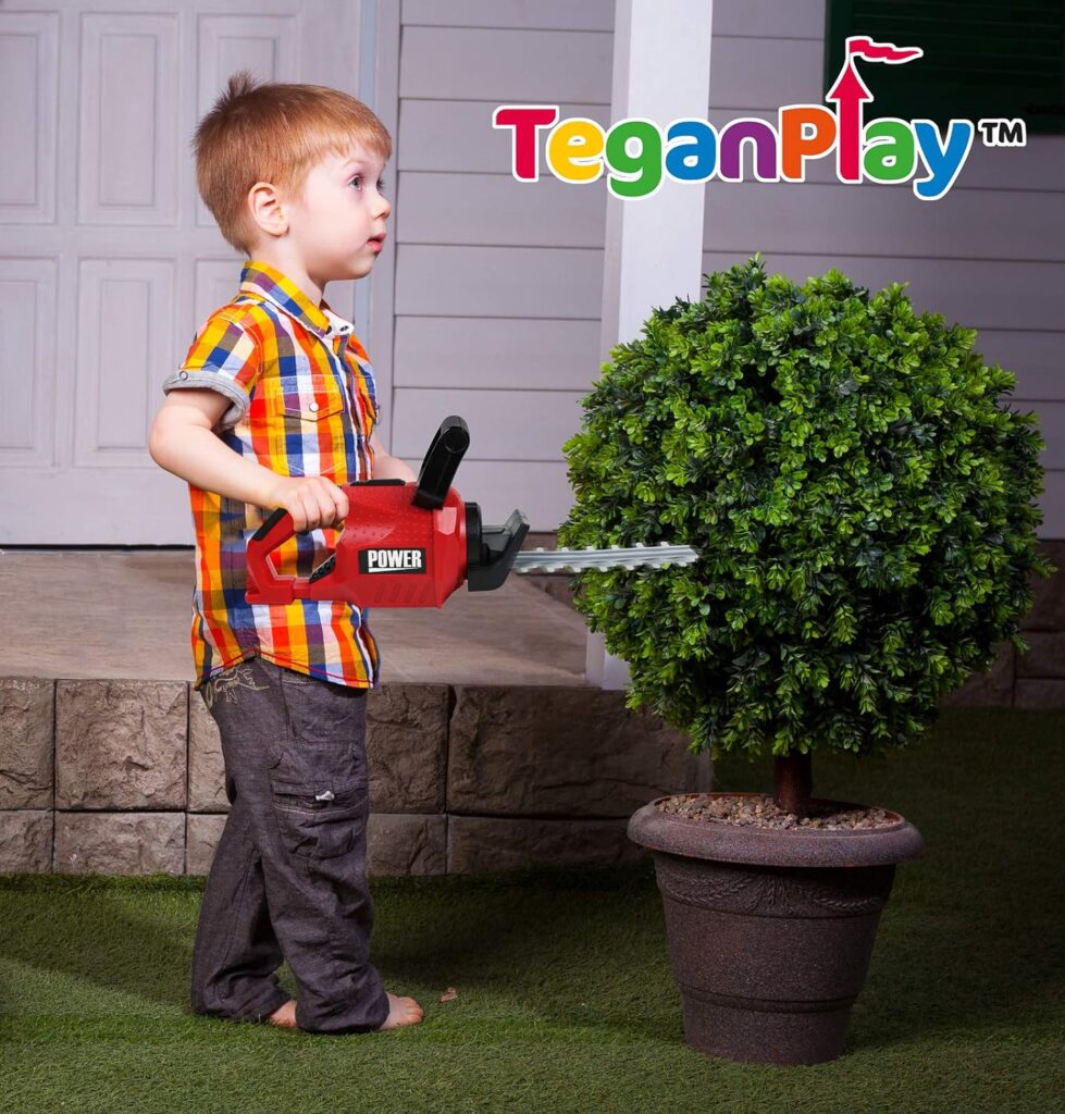TeganPlay Power Garden Tools Set for Kids Battery Operated Toy Leaf Blower, Hedge Trimmer and Chainsaw Pretend Play for Boys Girls