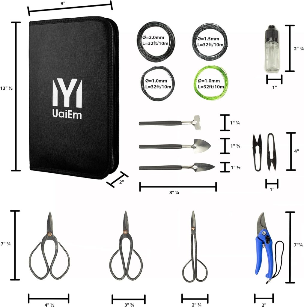 UaiEm Bonsai Tools Set | 13-piece DIY Bonsai Tree Kit with Mini Pruning Shears Concave Cutter, Bonsai Scissors, Bonsai Training Wire, Storage Bag | Carbon Steel Garden Trimming Tools | Bonsai Tool Kit