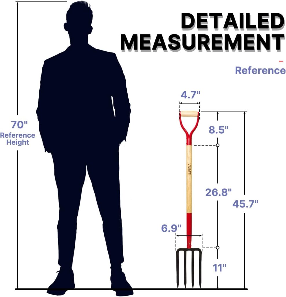 VNIMTI Garden Fork,4-Tine Spading Fork,Compost Fork,Steel Digging Fork,45Inch,Steel Y-Grip,Wooden Handel