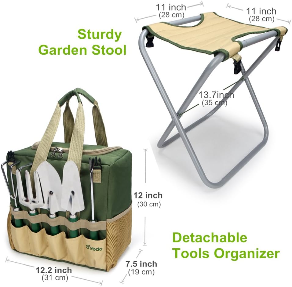 Yodo 7 Piece Garden Tools Set for Men  Women - Heavy Duty Folding Stool Tote Bag and Stainless Steel Gardening Tools Includes Trowel Rake Cultivator,Large