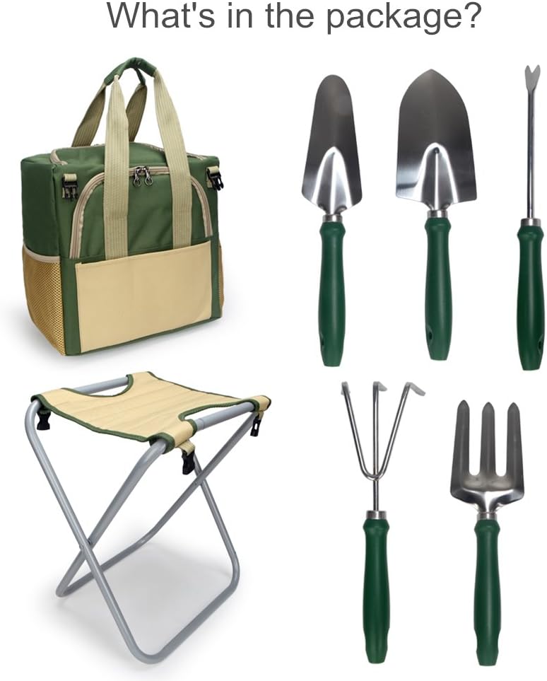 Yodo 7 Piece Garden Tools Set for Men  Women - Heavy Duty Folding Stool Tote Bag and Stainless Steel Gardening Tools Includes Trowel Rake Cultivator,Large