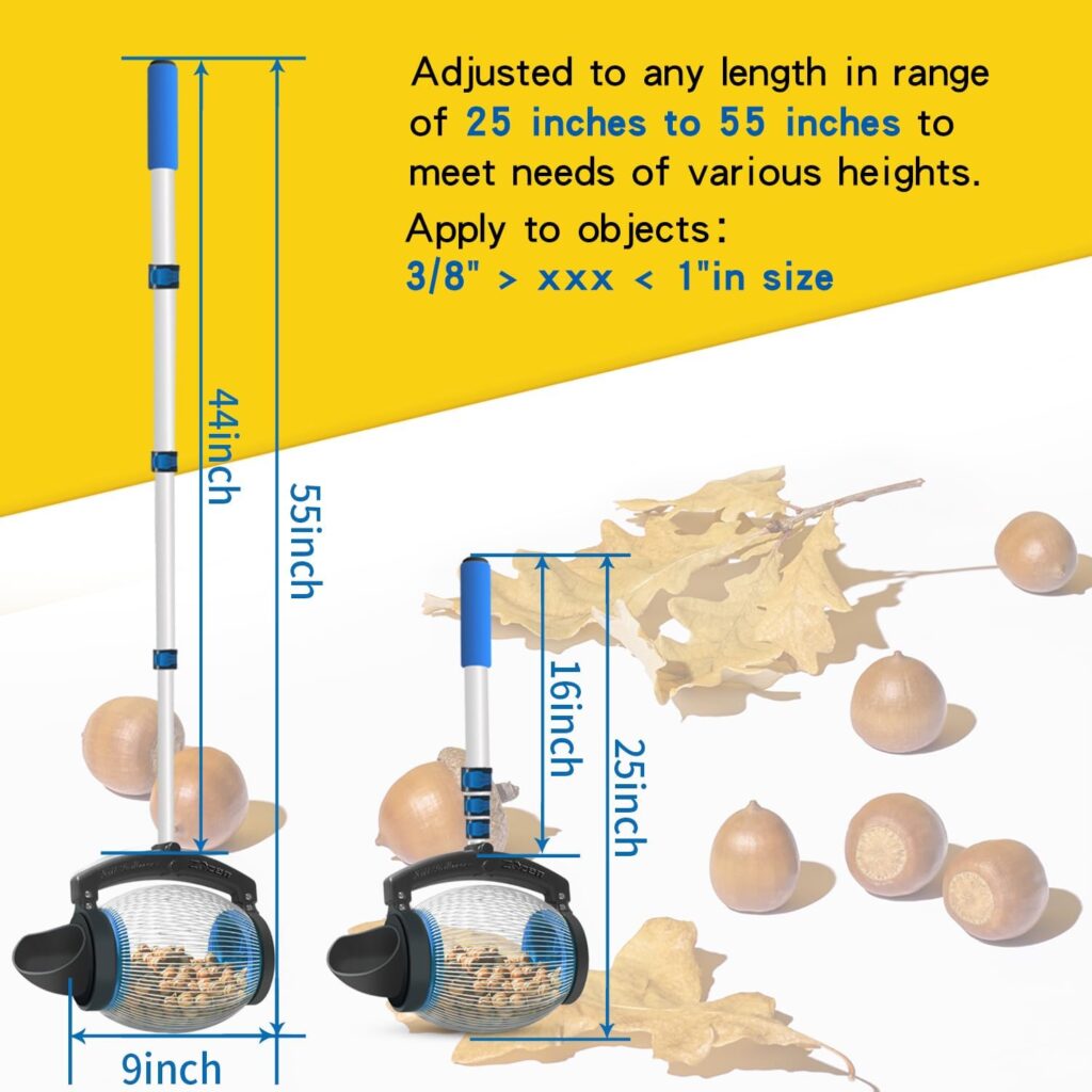 Zozen Acorn Picker Upper, Acorn Dedicated Version | High Density Steelwire Gap - Directly Dump Outlet | Only Apply to Acorn, Nerf Balls, Objects Size 3/8 to 1; Length 55 inch, Capacity 1 Gallon.