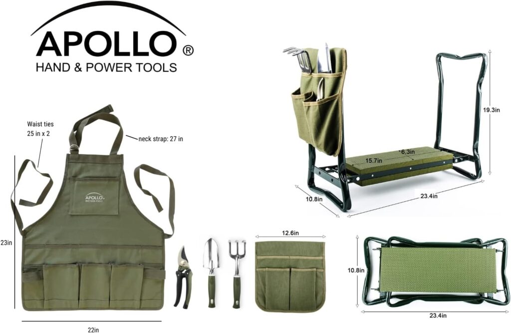 APOLLO Tools Foldable Garden Seat with Adjustable Kneeler Position. Includes Washable Green Apron with Deep Pockets and 3 Quality Garden Tools - DT3798