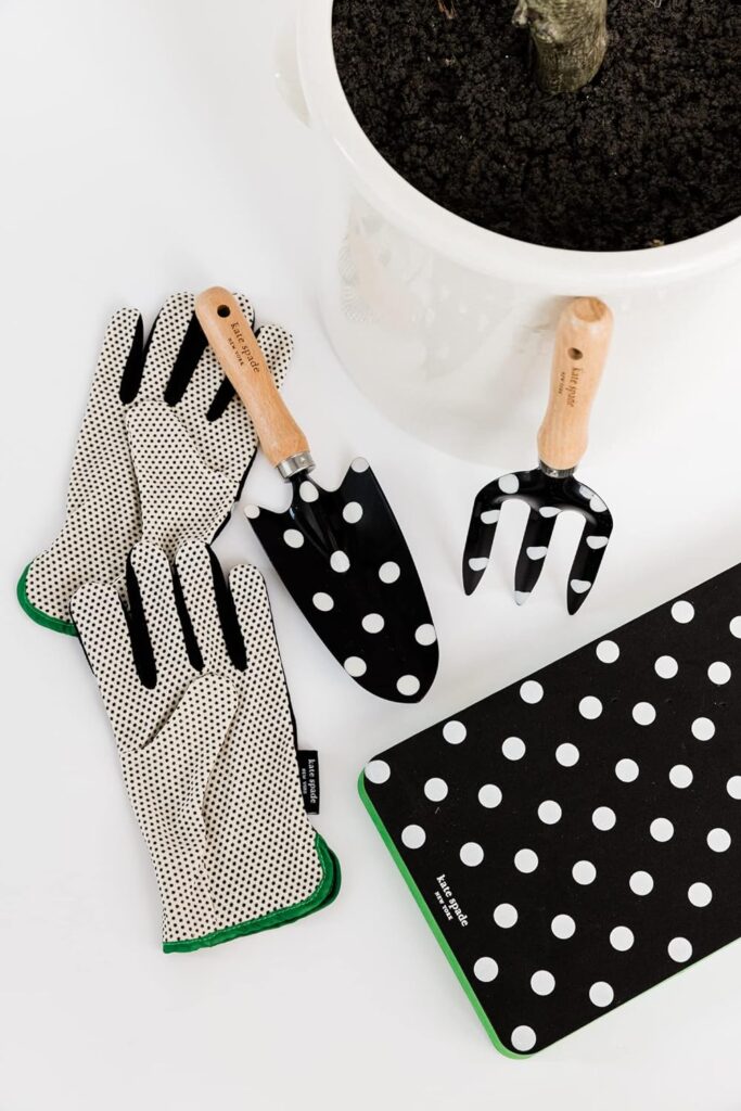 Kate Spade New York Garden Kneeler and Gardening Gloves for Women, Cute Garden Tool Set with Thick Kneeling Pad and Yard Gloves, Picture Dot