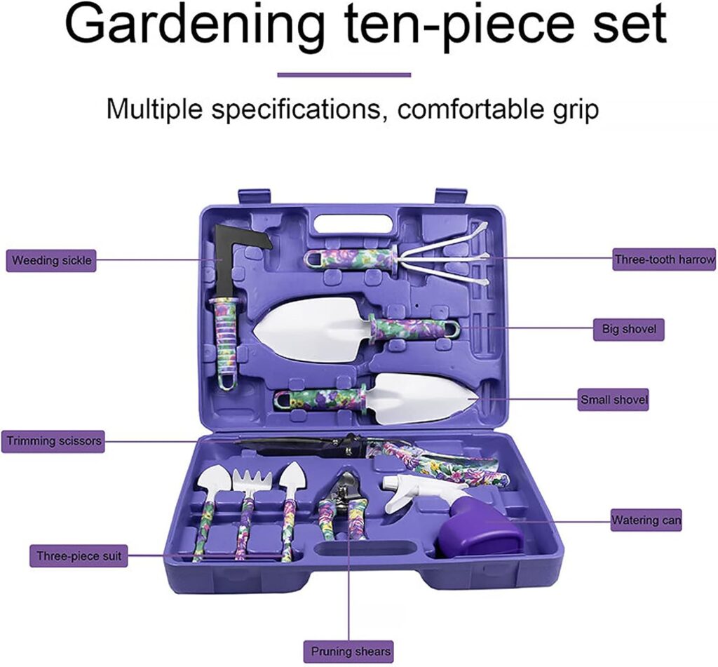 kingsea 10 Pcs Garden Tools Set,Stainless Steel Planting Tool Set,Garden Succulent Transplanting Hand Tool Kit with Carrying Case,Perfect Gardening Tools Gift for Women,Purple