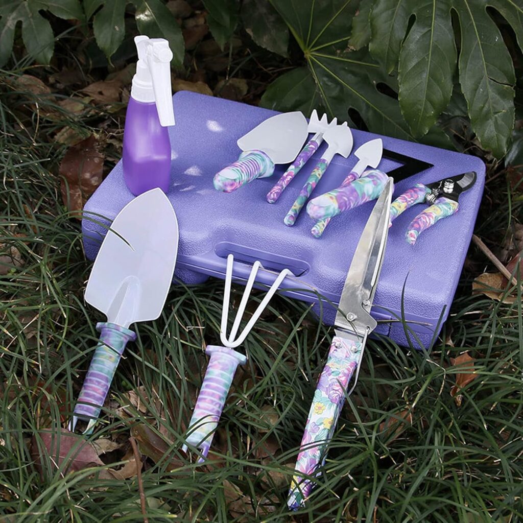 kingsea 10 Pcs Garden Tools Set,Stainless Steel Planting Tool Set,Garden Succulent Transplanting Hand Tool Kit with Carrying Case,Perfect Gardening Tools Gift for Women,Purple